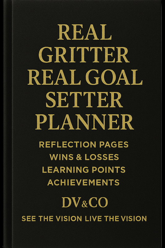 Black planner with gold text on a white background